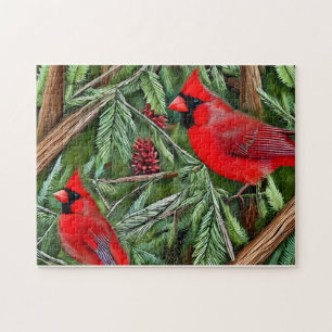 Puzzle Paire des Cardinaux rouges sauvages majestueux