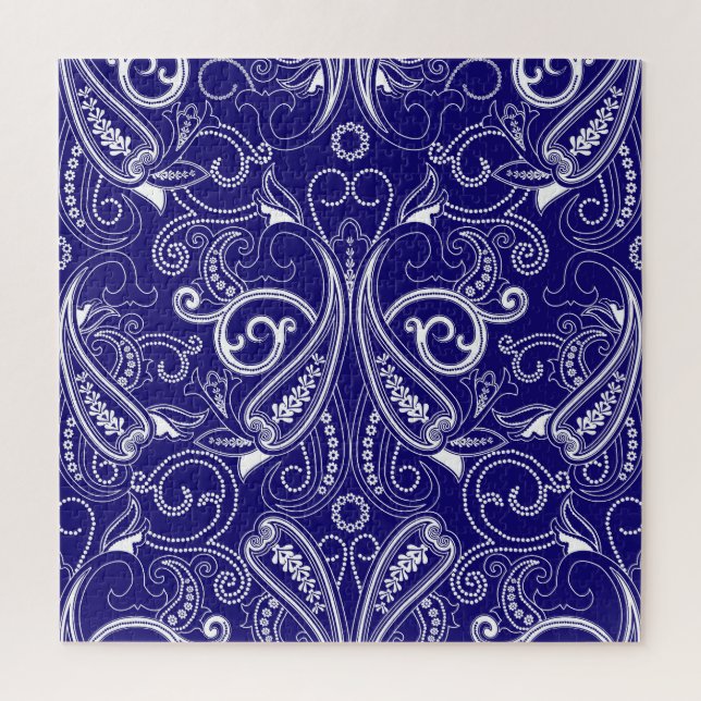 Puzzle Paisley monochrome : bleu, blanc élégance. (Vertical)