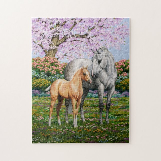 Puzzle Palomino Foal and Grey Horse (Vertical)