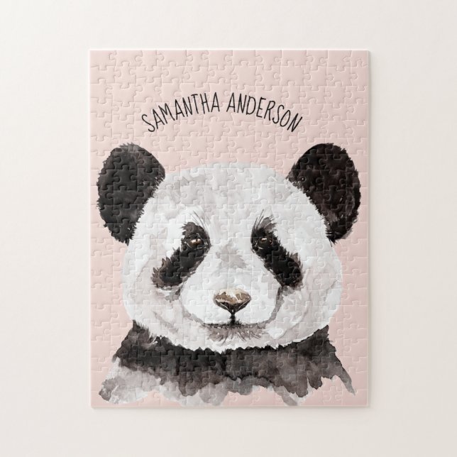 Puzzle Panda Aquarelle Moderne Avec Nom Et Pastel Rose (Vertical)