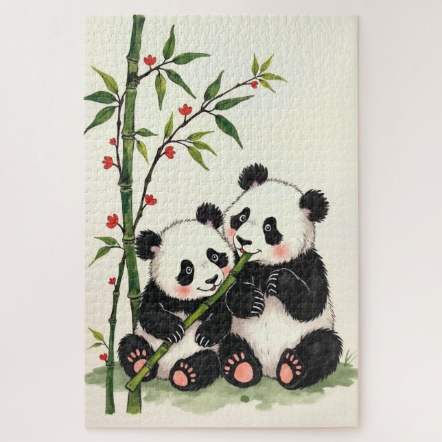 Puzzle Panda Bear Couple Simple Love Ink Art (Vertical)