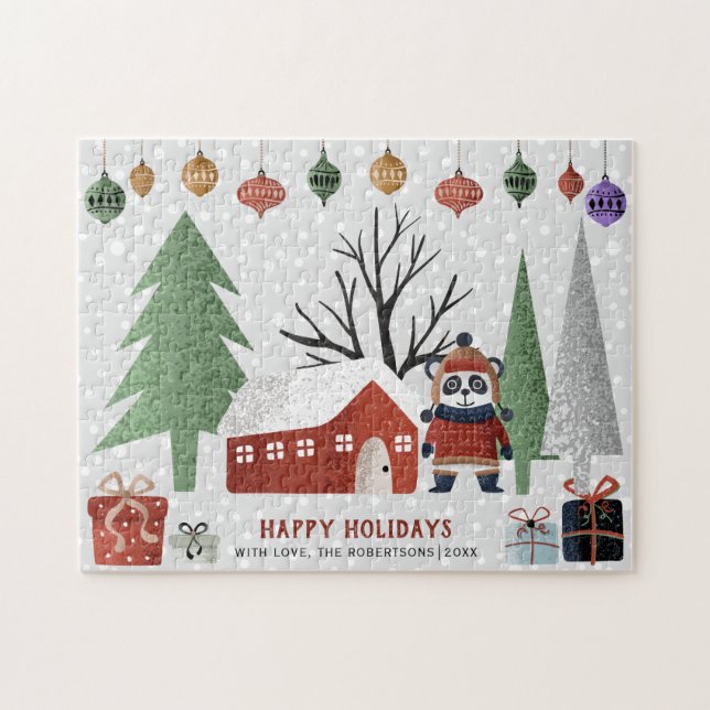Puzzle Panda et arbres d'hiver Joyeuses vacances Noël (Horizontal)