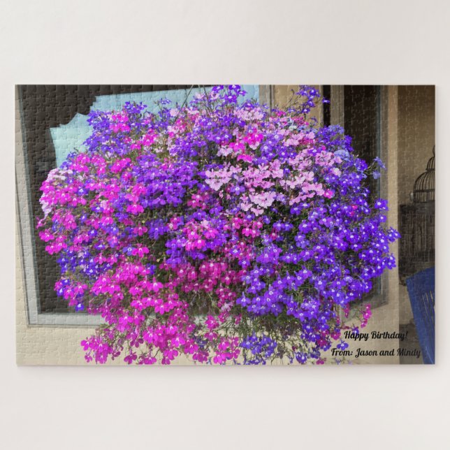 Puzzle Panier à pendre rose violet Fleurs Anniversaire Ca (Horizontal)