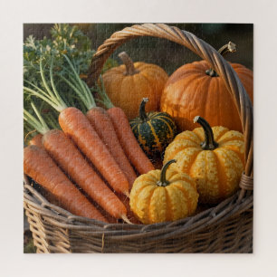 Puzzle Panier de récolte rustique citrouilles carottes
