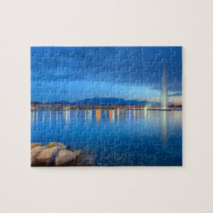 Puzzle Panorama de Genève avec la fontaine célèbre,