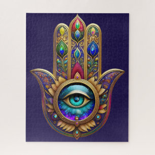 Puzzle Paon Doré Couleurs Hamsa Saphir Troisième Œil