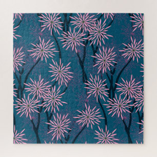 Puzzle Papier peint floral : bleu marine asiatique, rose.