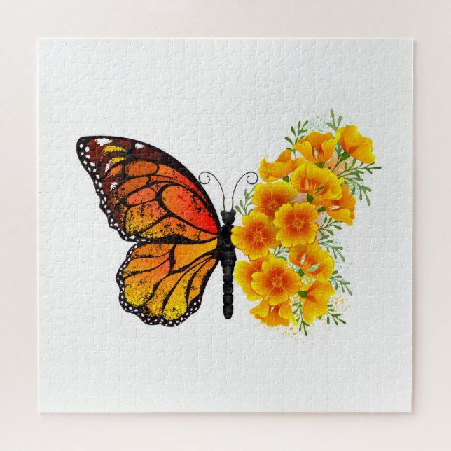 Puzzle Papillon à fleurs avec Poppy de Californie jaune (Horizontal)