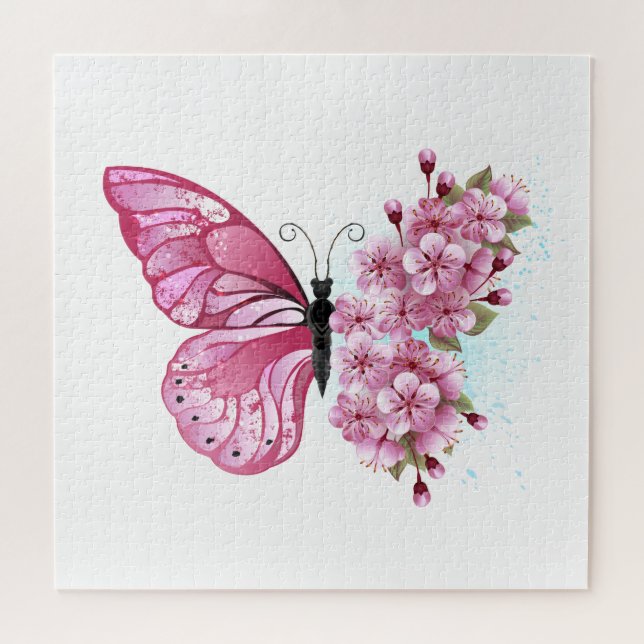 Puzzle Papillon à fleurs avec Sakura rose (Horizontal)