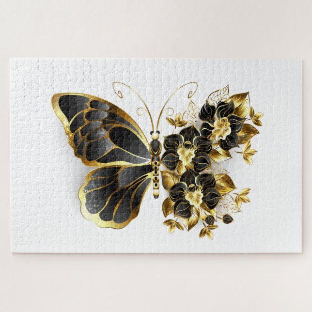 Puzzle Papillon à fleurs d'or avec orchidée noire (Horizontal)
