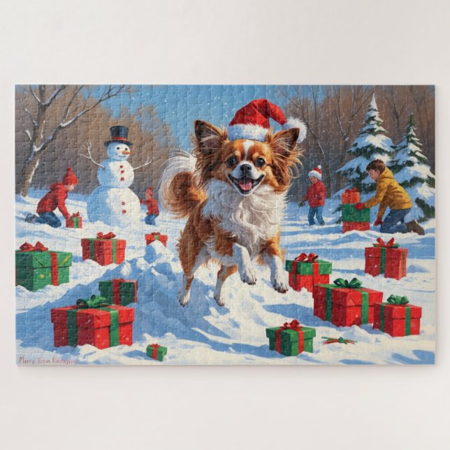 Puzzle Papillon Chien courant dans la neige avec Casquett (Horizontal)