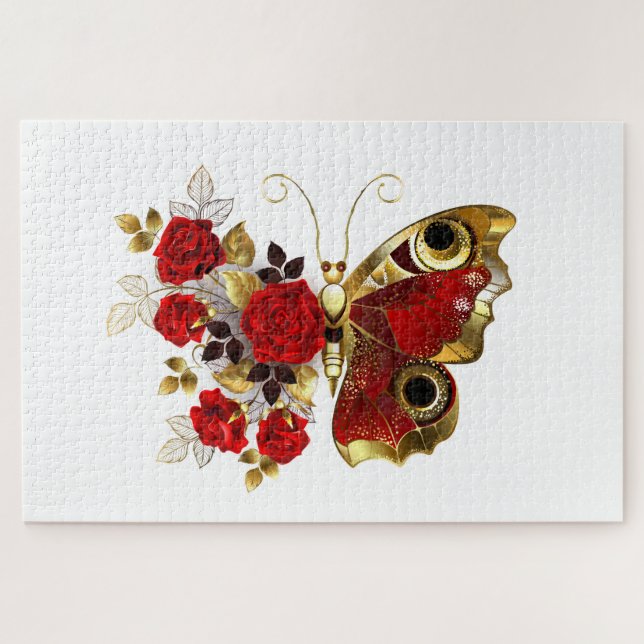 Puzzle Papillon de fleurs rouges aux roses rouges (Horizontal)