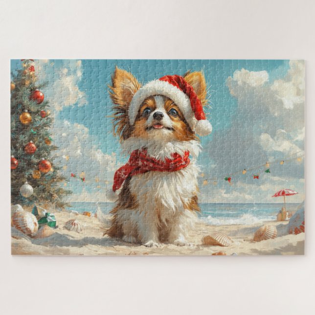 Puzzle Papillon Dog Christmas Vintage Beach (Horizontal)