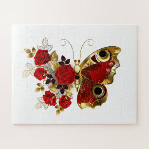 Puzzle Papillon fleur rouge avec des roses rouges