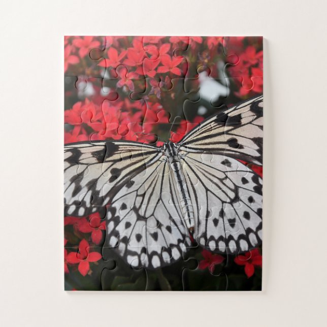 Puzzle Papillon noir et blanc sur Fleurs rouges (Vertical)