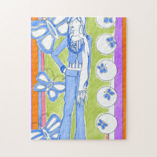 Puzzle Papillons Bleus Entourant Fille Glamour