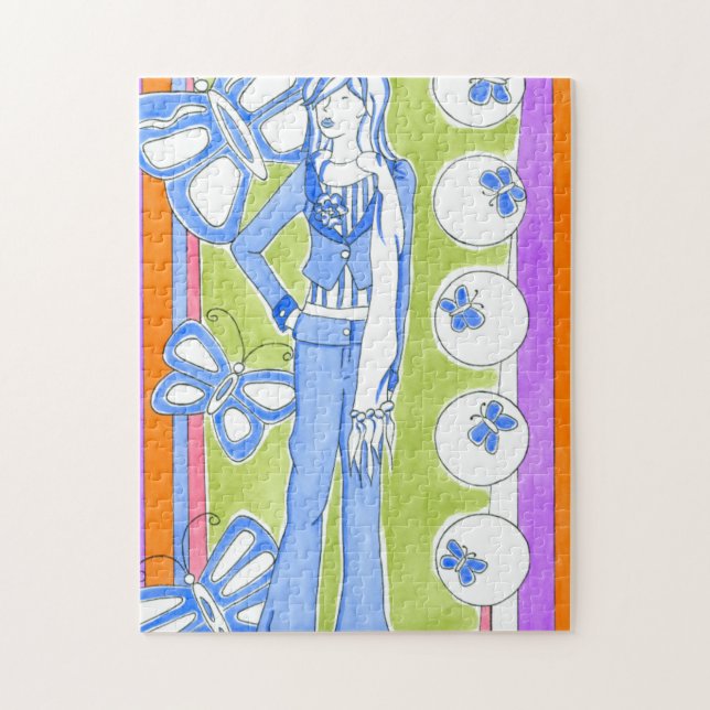 Puzzle Papillons Bleus Entourant Fille Glamour (Vertical)