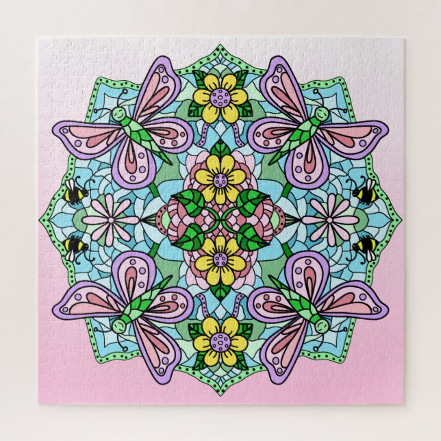 Puzzle Papillons roses Fleurs et abeilles Mandala (Vertical)