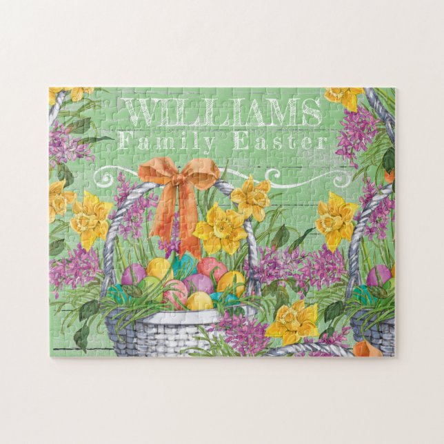 Puzzle Pâques Rustiques Panier Oeufs Floral Nom de famill (Horizontal)