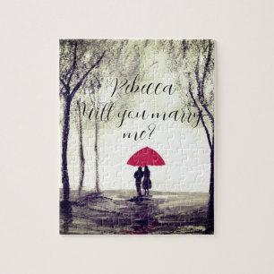 Puzzle Parapluie rouge amour couple aquarelle mariage jig