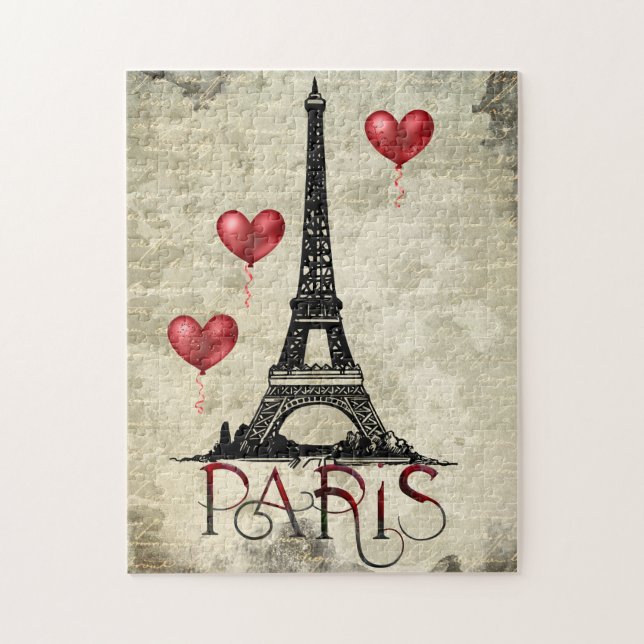 Puzzle Paris, Tour Eiffel et Ballons du Coeur Rouge Scrip (Vertical)