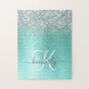 Puzzle Parties scintillant argentée turquoise en métal br