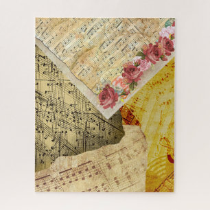 Puzzle Partition vintage, notes musicales et Rose