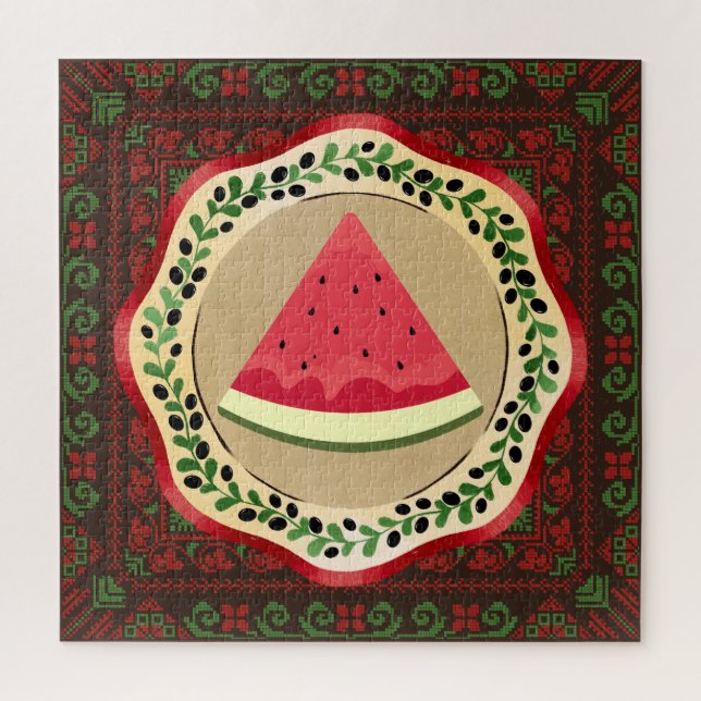 Puzzle pastèque sur plaque d'olive avec tatreez palestini (Vertical)