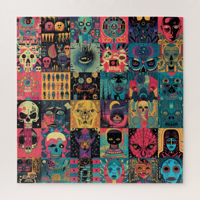 Puzzle Patchwork stylisé de crânes et de têtes (Vertical)