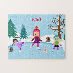 PUZZLE PATINAGE À LA GLACE FILLE ET AMIS ANIMAUX