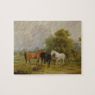 Puzzle Pâturage de chevaux : Juments et poulains dans un