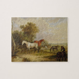 Puzzle Pâturage de chevaux : Un étalon gris frôlant av