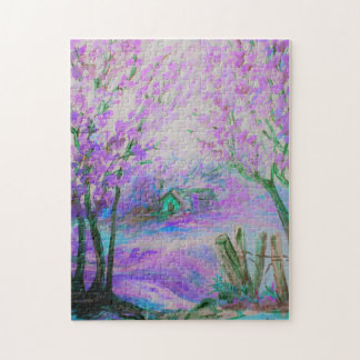 Puzzle Paysage abstrait rose avec les arbres et le