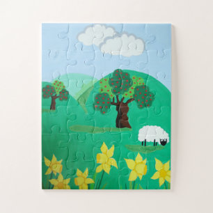 Puzzle paysage avec arbres collines bleu ciel et moutons
