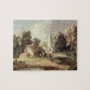 Puzzle Paysage avec une église, cottage, villageois et