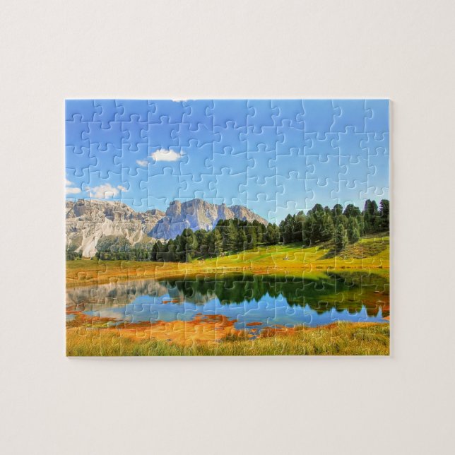 Puzzle Paysage coloré Montagnes Lac Forêt jaune (Horizontal)