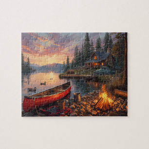 Puzzle Paysage de cabane au bord du lac au coucher du sol