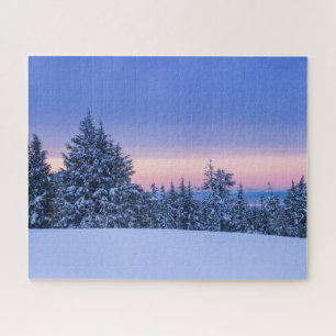 Puzzle Paysage de la forêt d'hiver au coucher du soleil