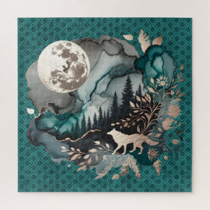 Puzzle Paysage de loup et lune or Turquoise