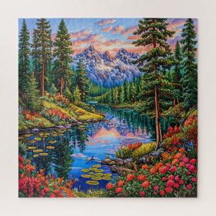 Puzzle Paysage de montagne vibrant avec reflet