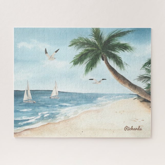 Puzzle Paysage de plage avec voiliers Aquarelle (Horizontal)