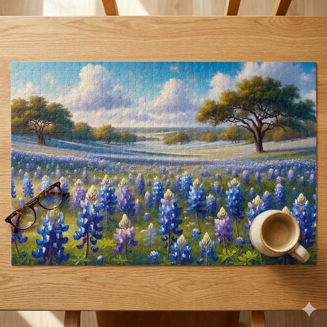 Puzzle Paysage de prairie de bleuets du Texas (Texas Bluebonnet Meadow Landscape Jigsaw Puzzle On Table)