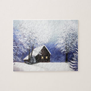 Puzzle paysage d'hiver de cabine de neige au pastel