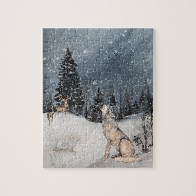 Puzzle Paysage hivernal Aquarelle Loup Cerf (Vertical)