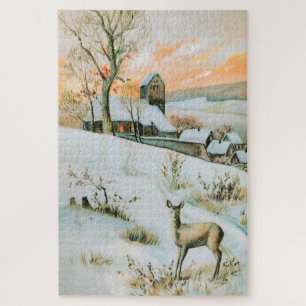 Puzzle Paysage hivernal vintage de neige avec cerf