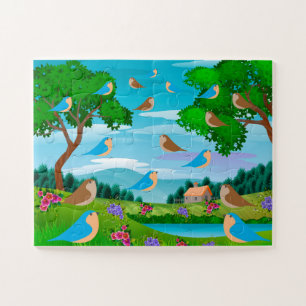Puzzle Paysage Maison Arbres Oiseaux Fleurs Nature, Âge 4