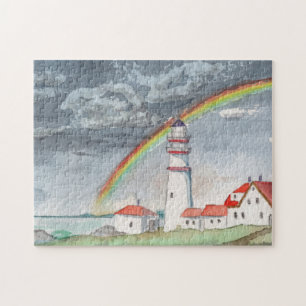Puzzle Paysage marin arc-en-ciel phare aquarelle
