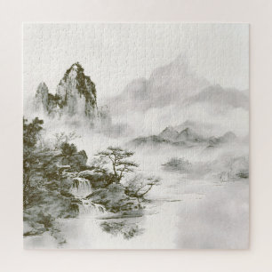 Puzzle Paysage minimaliste de montagne zen à l'encre brum
