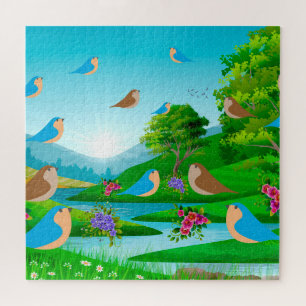 Puzzle Paysage Rivière Arbres Oiseaux Fleurs Nature, 10 a