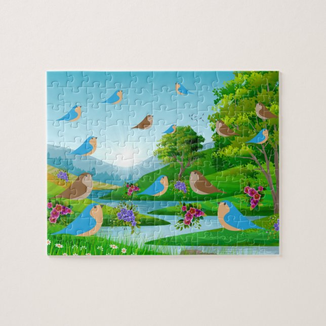 Puzzle Paysage Rivières Arbres Oiseaux Fleurs Nature, 6 a (Horizontal)